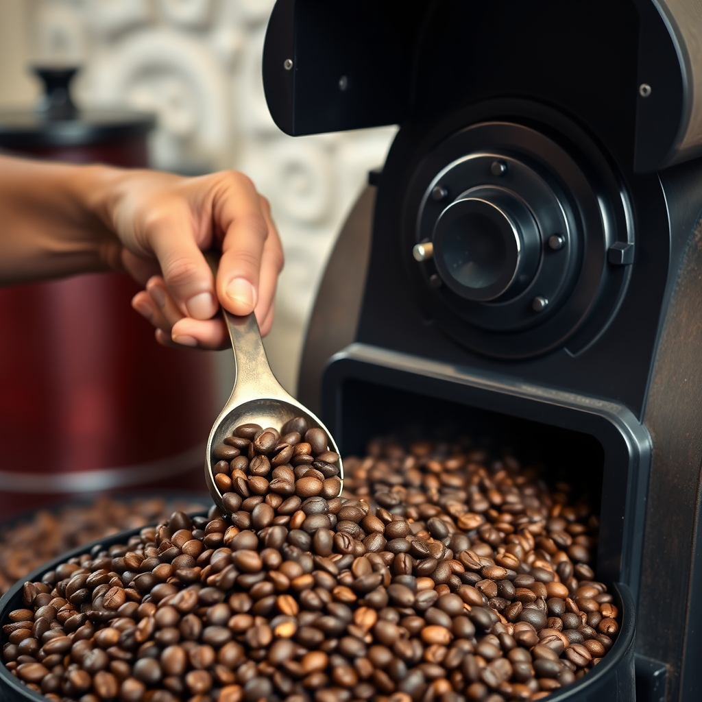 Hands carefully scooping freshly roasted single-origin coffee beans near a small drum roaster